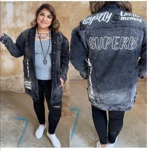 Plus size distressed black denim jacket